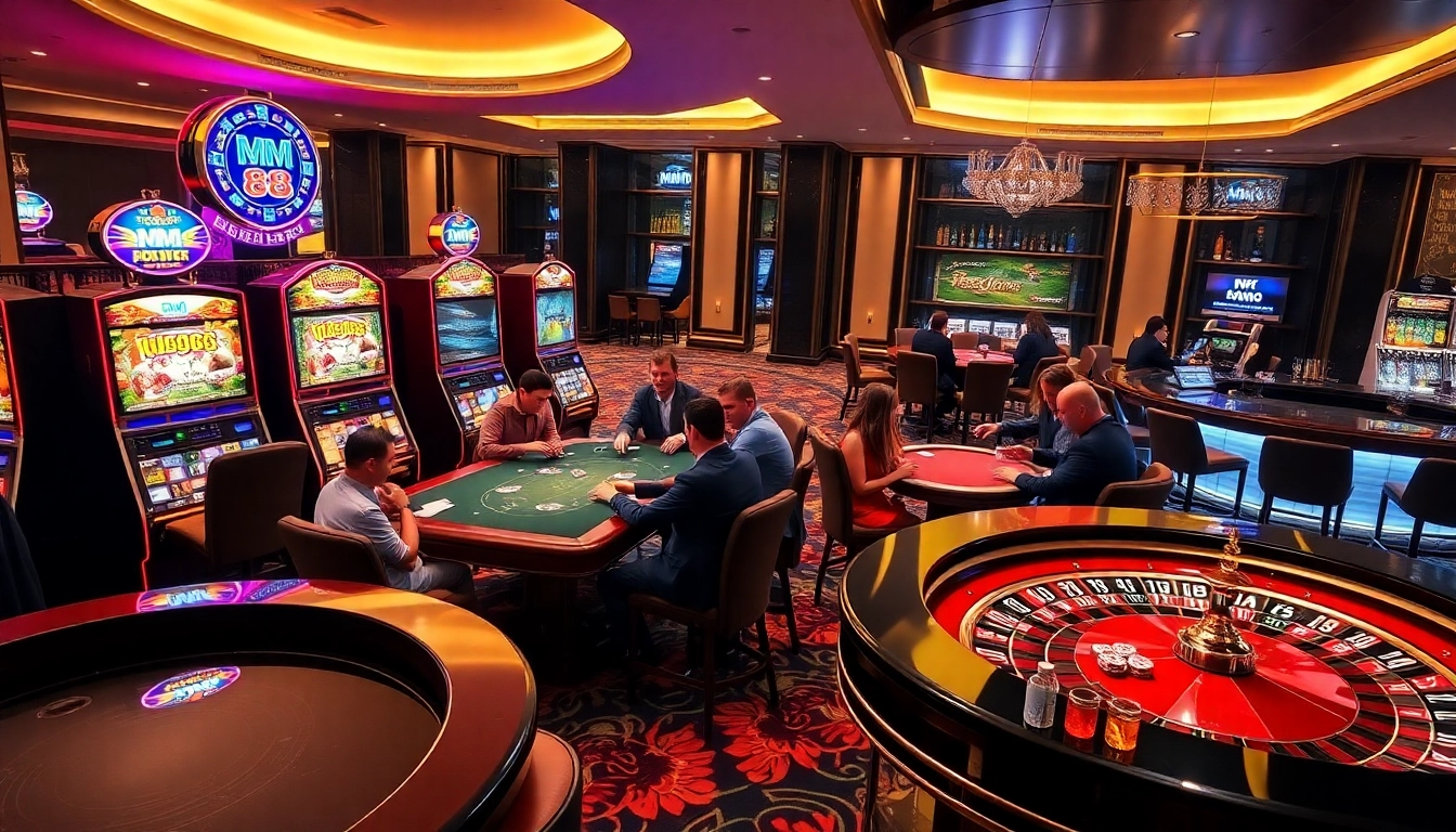 Engage with MM 88's exciting casino environment featuring slot machines and poker tables.