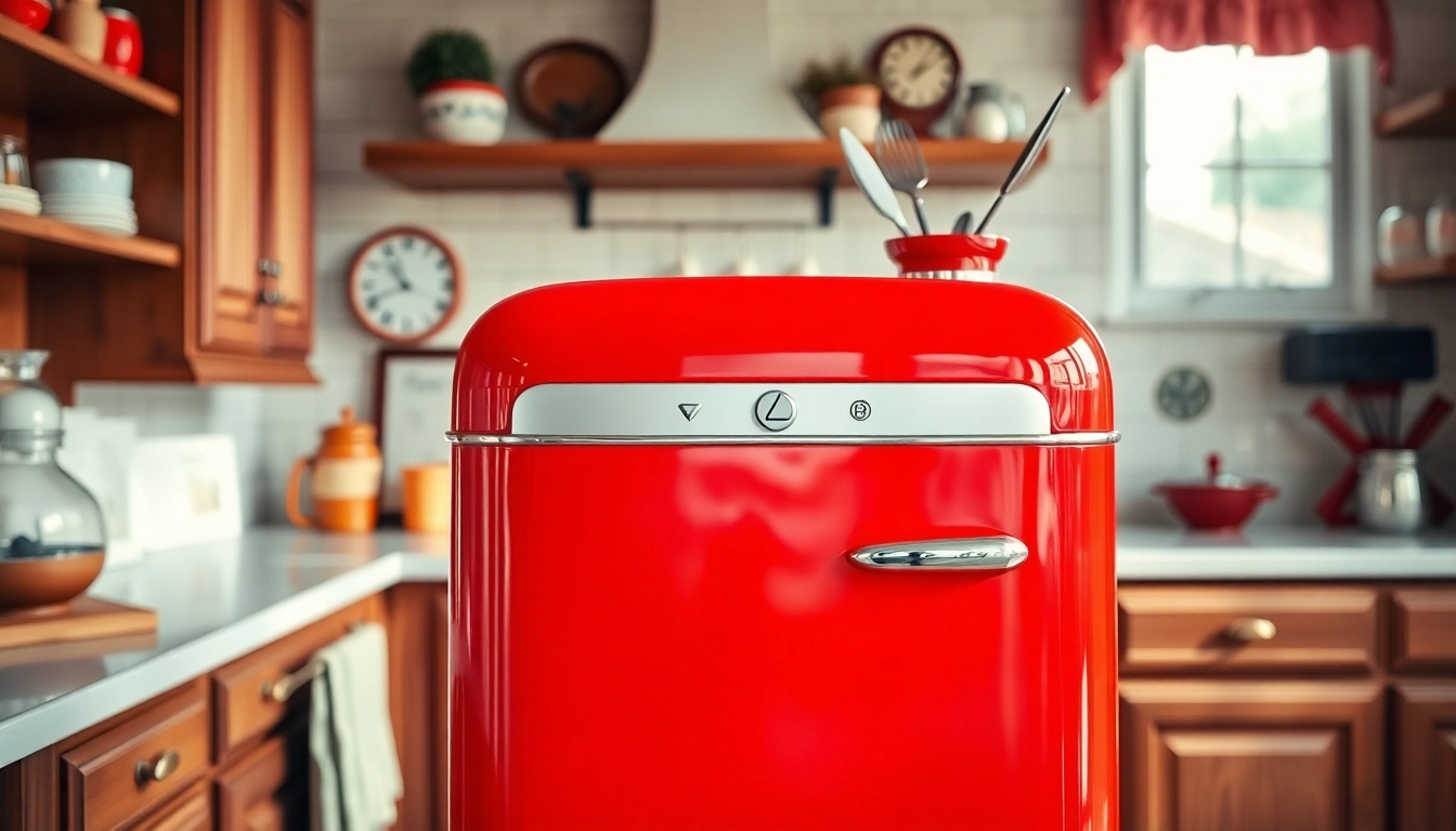 Bright view of a red retro appliance in a vintage kitchen, showcasing timeless design features.