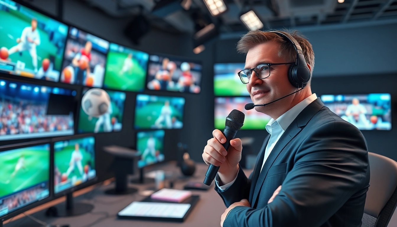 Engaging sports broadcasting studio showcasing professional commentators and live action.