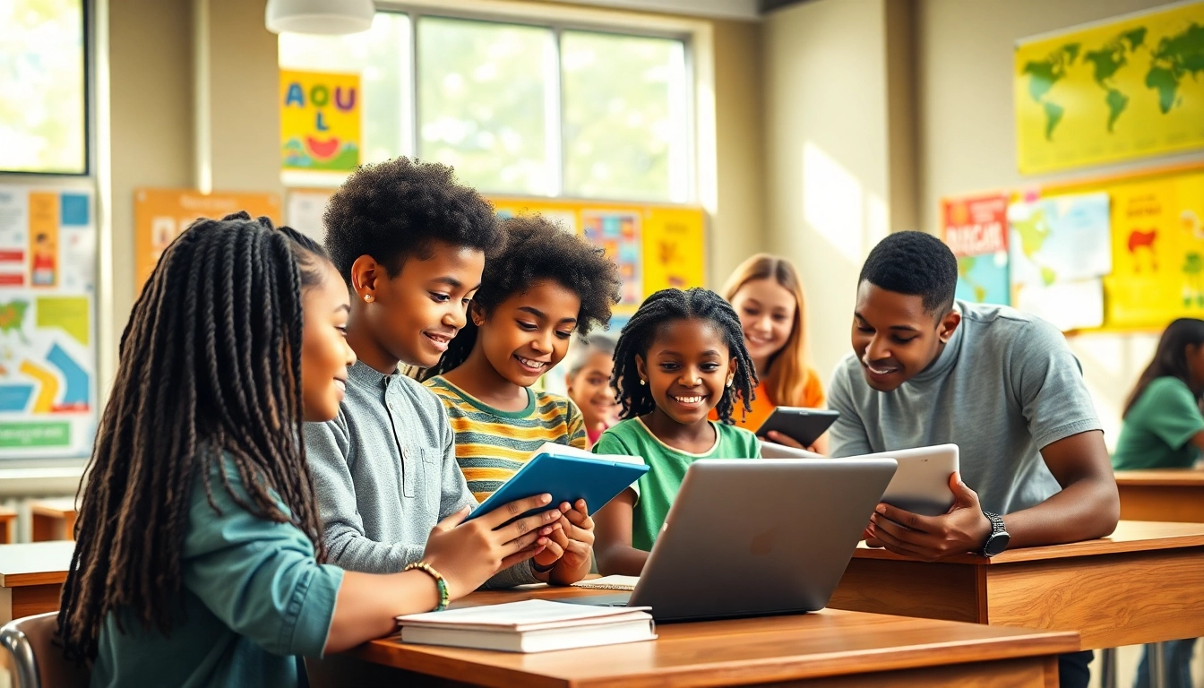 Education-focused classroom scene with diverse students collaborating using tablets and books.