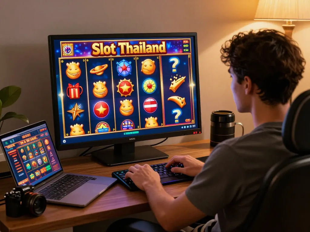 Engaged player enjoying slot thailand game on laptop in a cozy home setting, focusing on exciting gameplay and strategic betting.