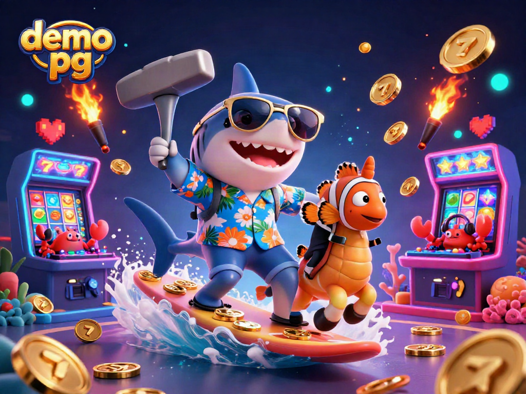 Engage with the immersive demo pg experience in this vibrant 3D casino scene showcasing lively characters and slot-themed elements.
