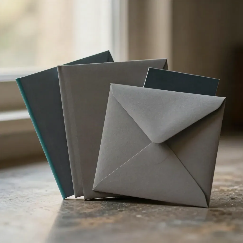 Three due-diligence report packets, a sealed envelope, and a dark card on stone in dramatic studio light.
