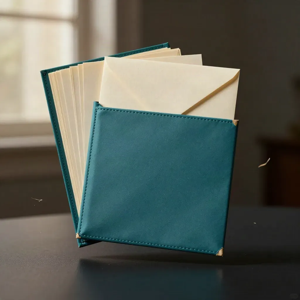 Teal archival folio with layered source cards, pouch, and folded note floating in dark studio light