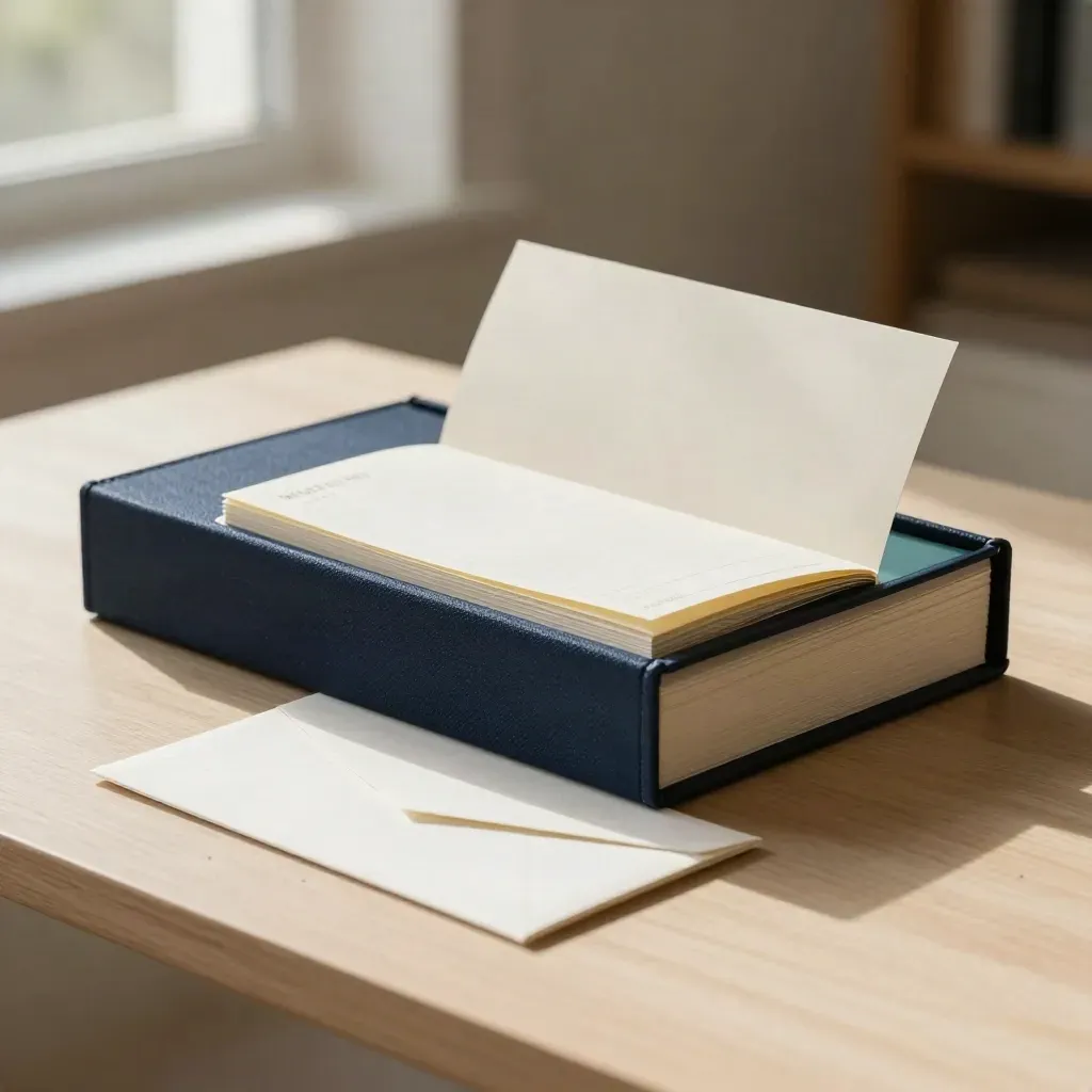 Navy report box with booklet, schedule card and envelope on pale wood in soft daylight.