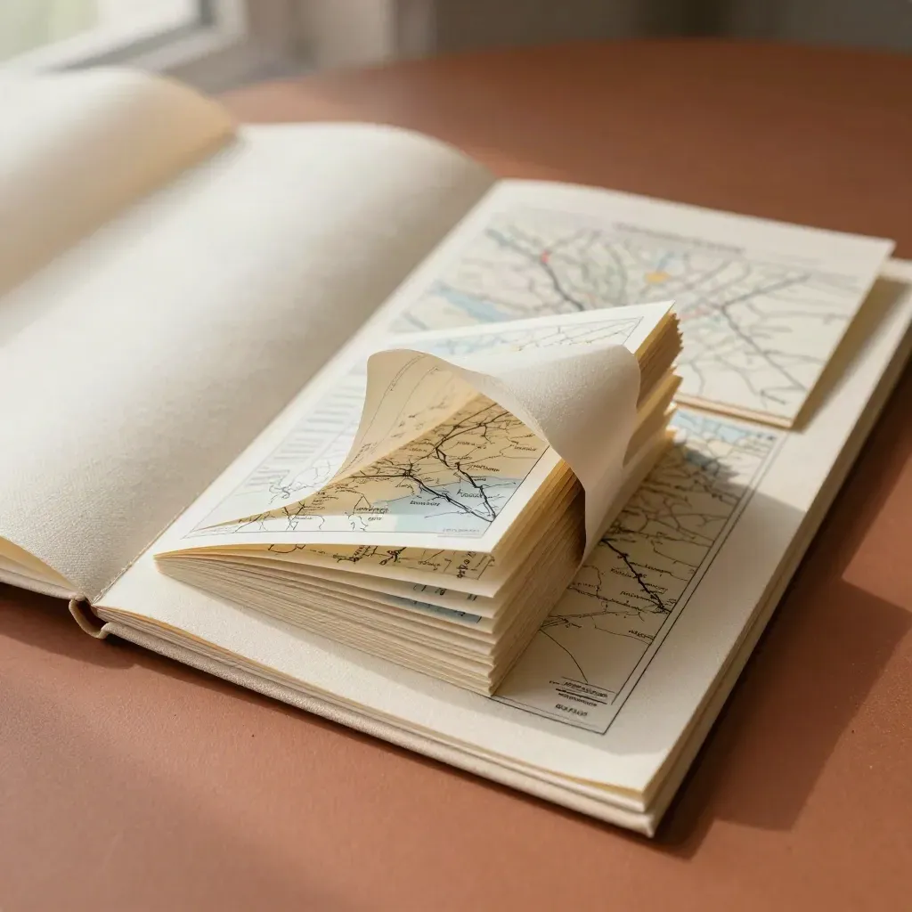 Cream report folio with map inserts and route cards flaring open on terracotta plaster.