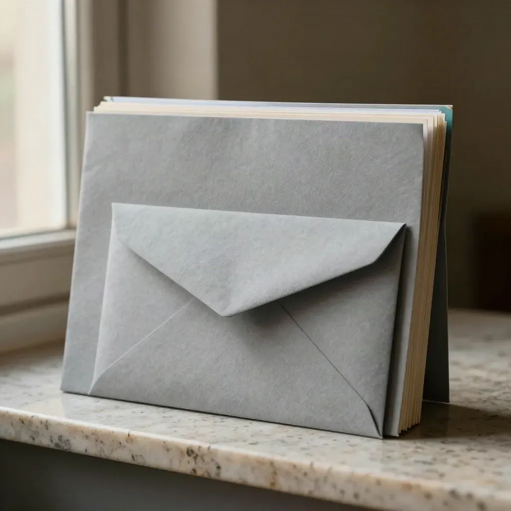 Pale graphite lender file stack with annex sleeve and envelope on stone, teal tab, low raking light.