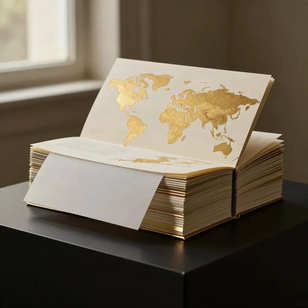 Gold diligence folio stack opening on a black studio plinth with pale insert sleeves and haze.