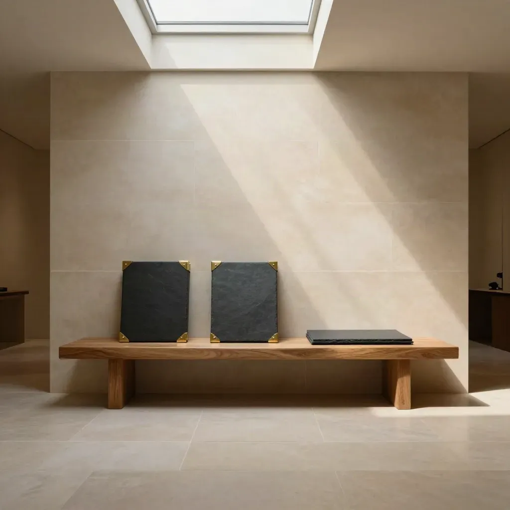 Sunlit limestone atrium with timber bench and archival cases, calm copy space below.