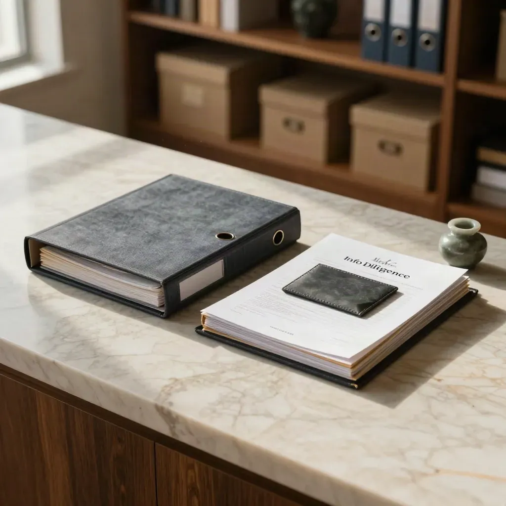 Marble countertop with due diligence files, a stone vessel, and blurred archival shelving.