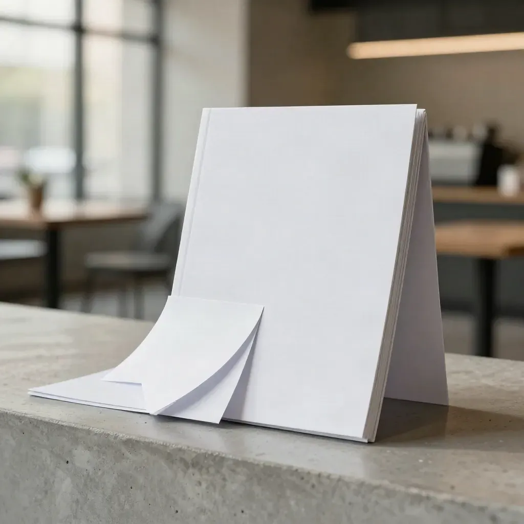 White startup background folio with layered inserts on a concrete ledge in soft daylight.