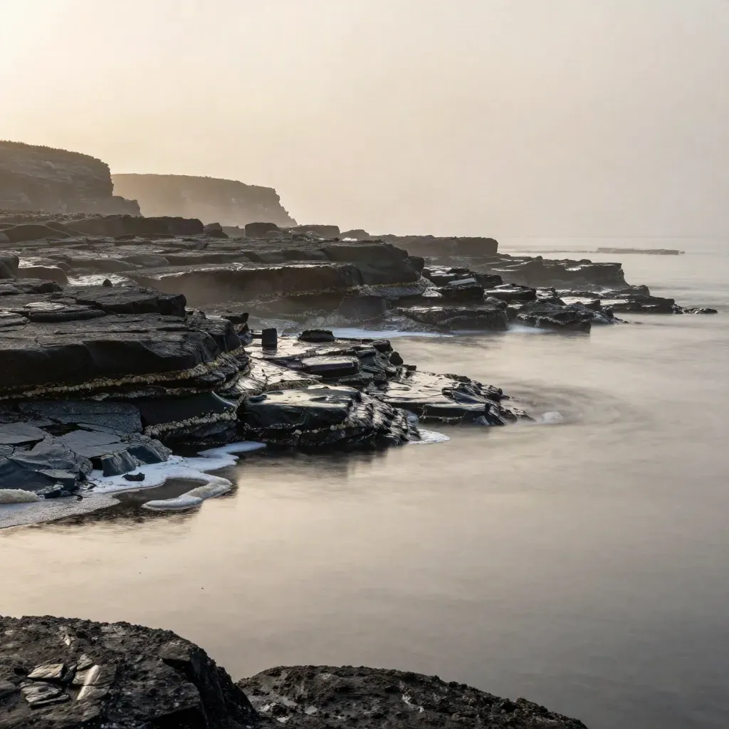 Mist over a basalt coast with tide pools and a calm sky reflection