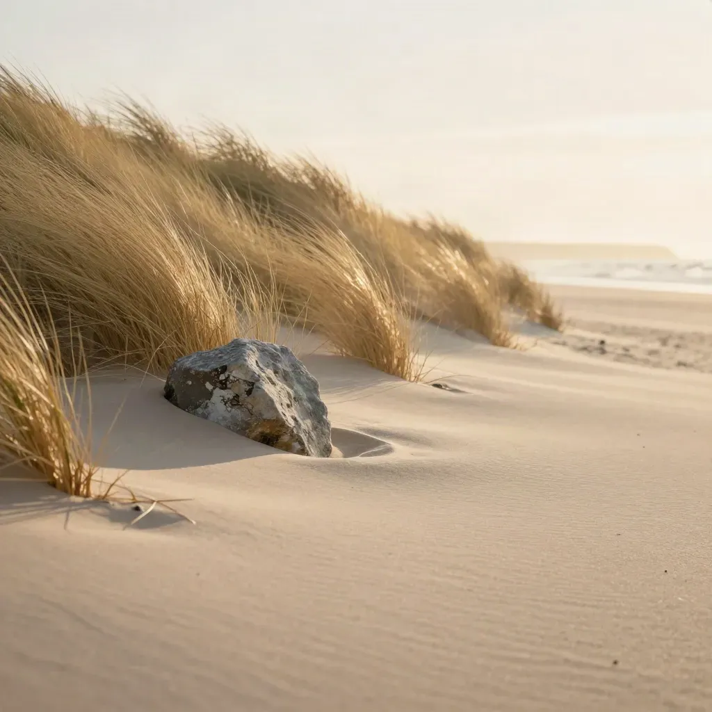 Dune grass on a sandy ridge with a weathered stone and hazy coast at golden hour.