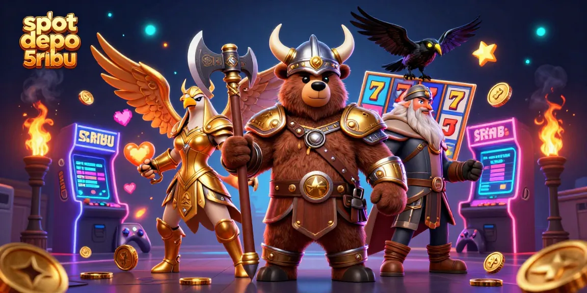 Engage with slot depo 5ribu in an exciting 3D casino scene filled with slots, characters, and vibrant elements.
