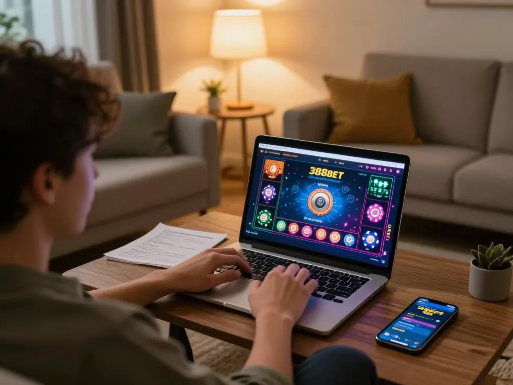 Engaging online gaming experience with 388bet displayed on laptop screen in a cozy room.