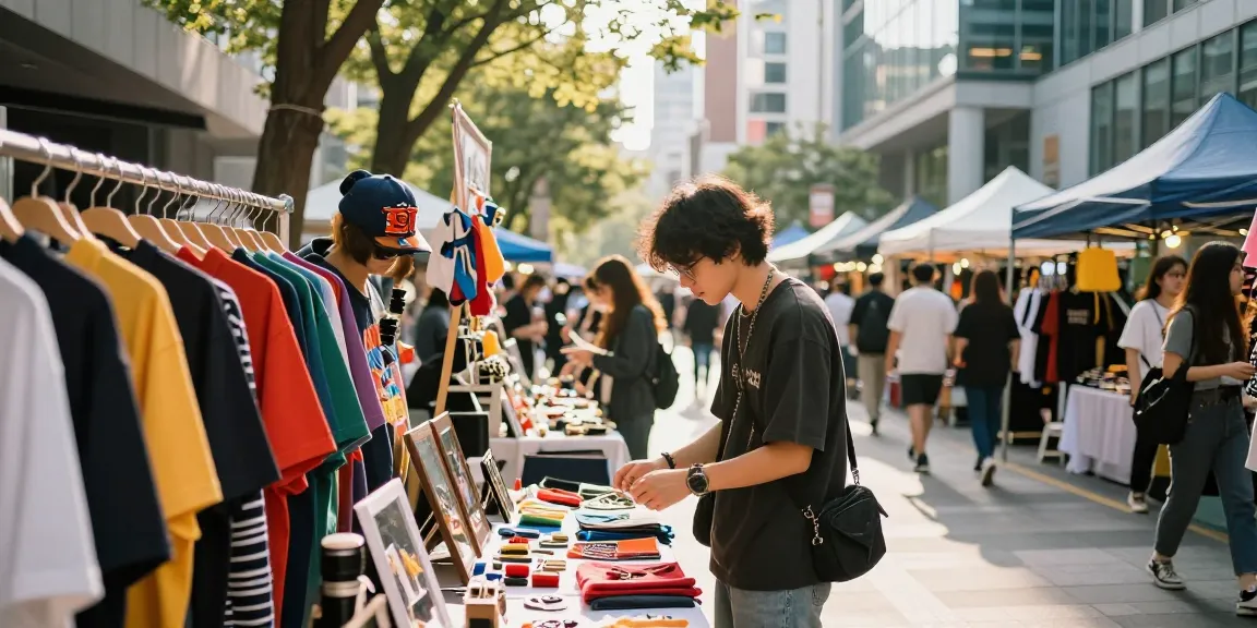 Browsing trendy items at a 레플리카 쇼핑몰, vibrant outdoor market scene with colorful displays.
