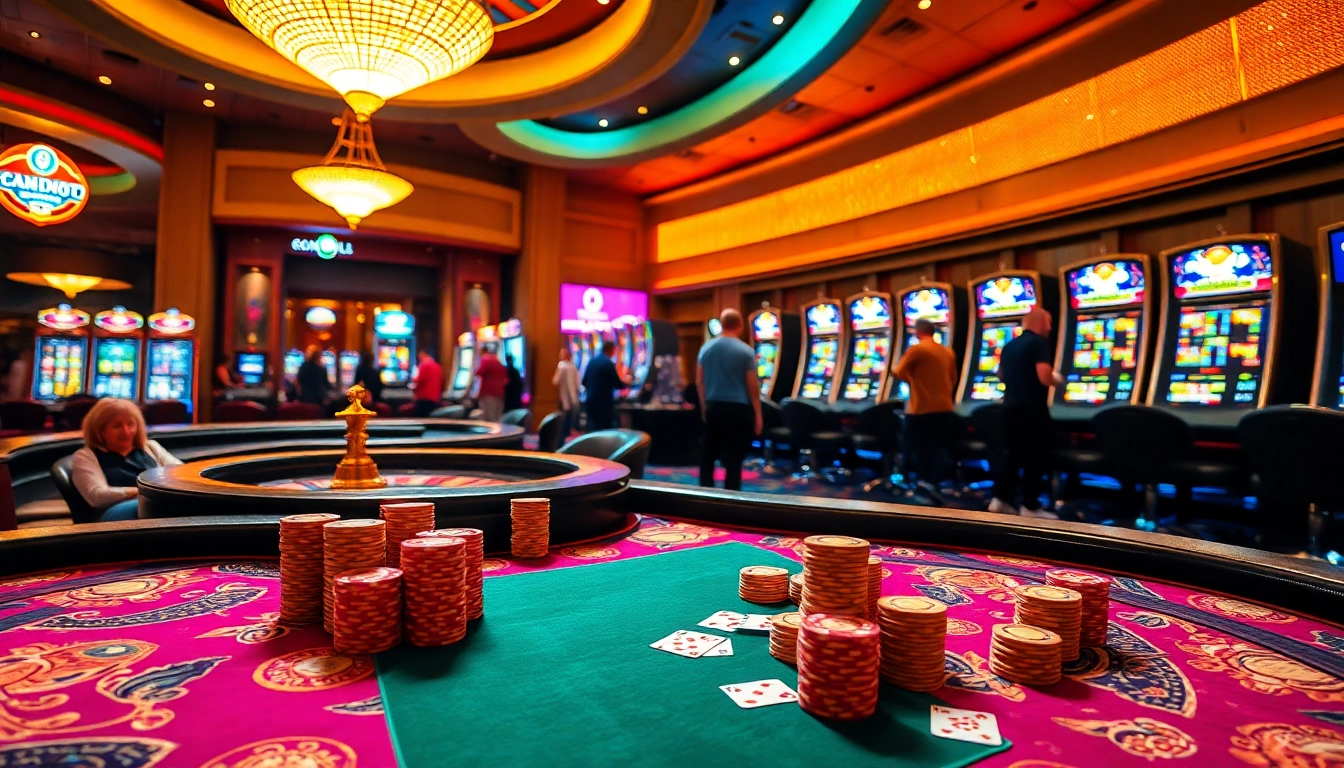 Experience thrilling gambling excitement at zonafilm's luxurious casino scene featuring vibrant tables and slot machines.