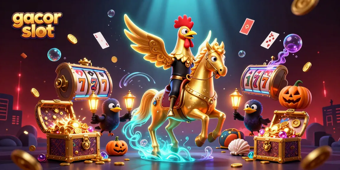 Experience the thrill of gacor slot with a golden rooster in a vibrant casino scene, surrounded by treasure and slot elements.