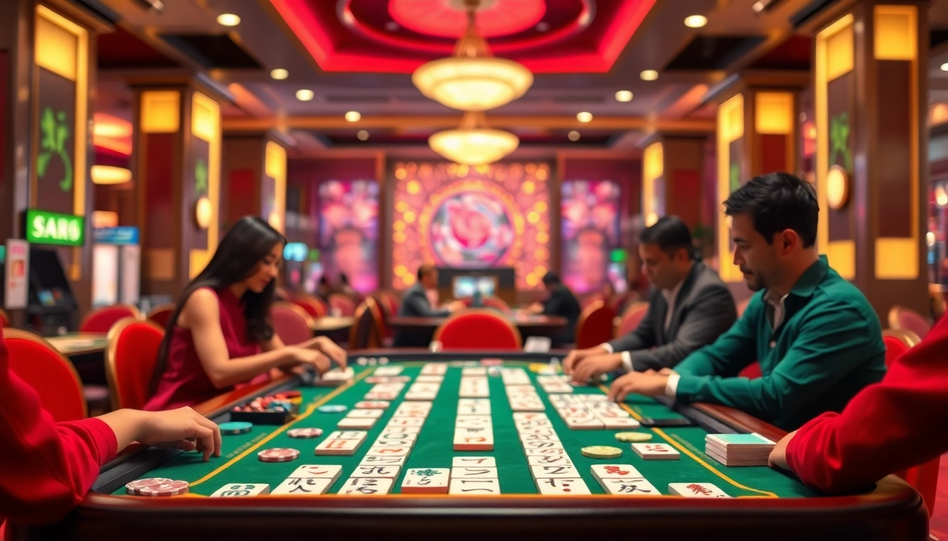 Permainan demo mahjong yang menarik dengan suasana kasino yang ramai.