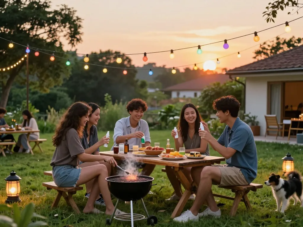 Friends enjoying a barbecue while applying mosquito repellent on a summer evening.