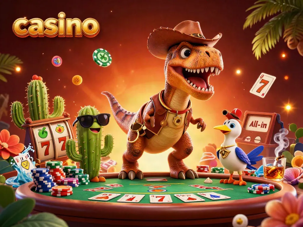 Engaging casino scene with a cartoon T-Rex and friends enjoying slot games and poker.