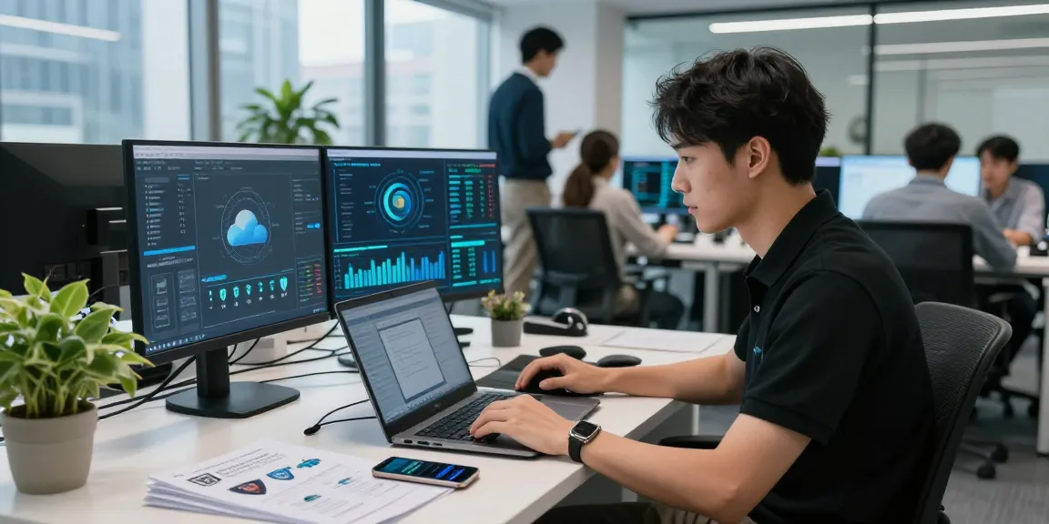 Cybersecurity team analyzing data on https://shs-dome5.com/ in a modern office.
