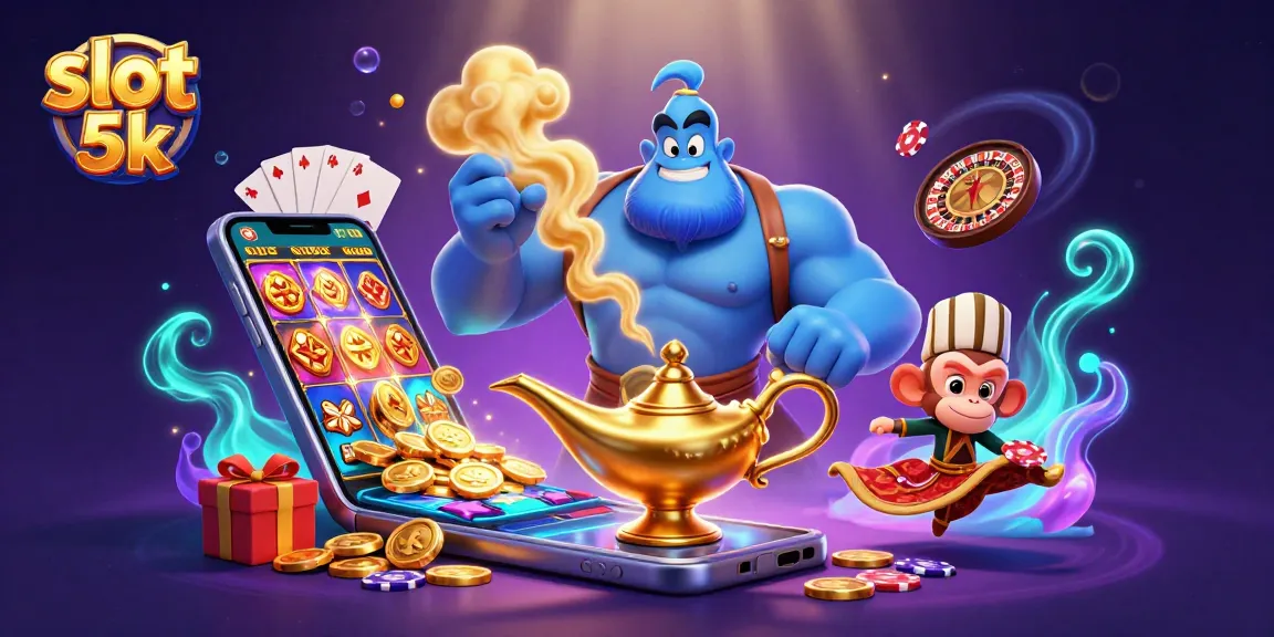 Winning spins await at slot 5k with a vibrant 3D genie and magical elements captivating players.