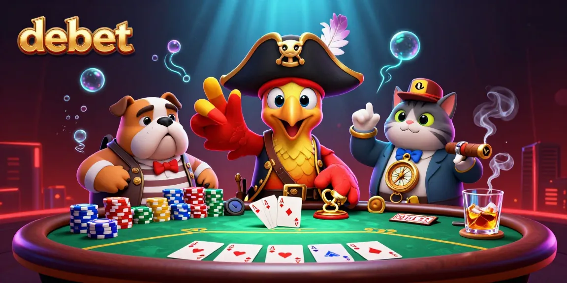 debet casino game scene featuring a pirate captain, first-mate bulldog, and navigator cat amidst poker elements.