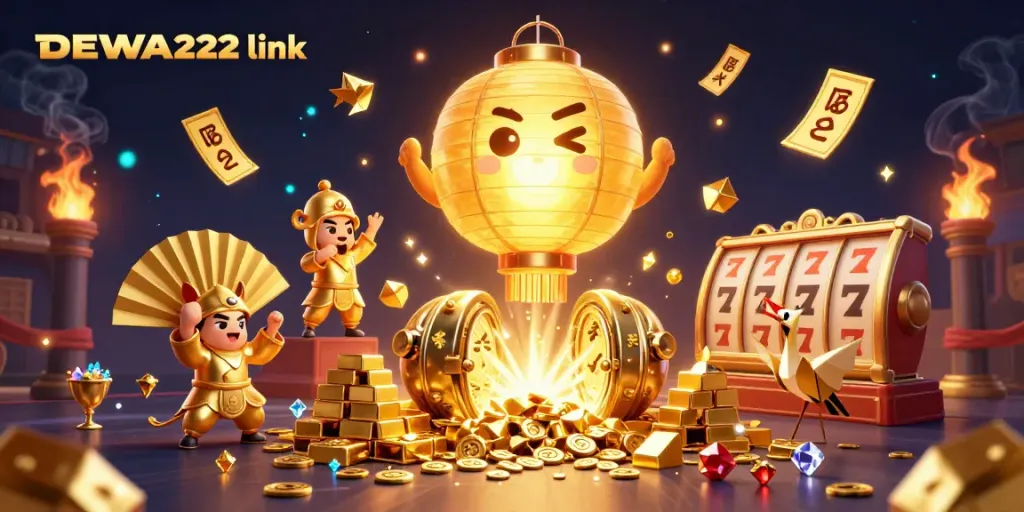 Experience the thrill of wins with DEWA222 link in this vibrant illustration filled with golden treasures and dynamic gaming elements.