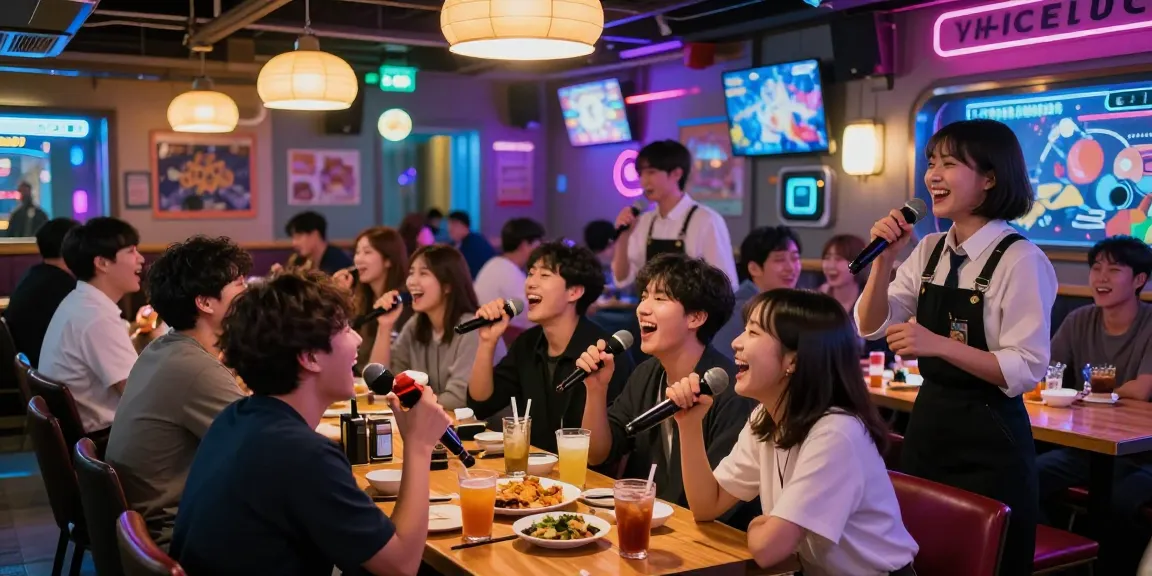 Enjoying 제주유흥 at a lively Jeju Island karaoke bar with friends in a vibrant nightlife setting.