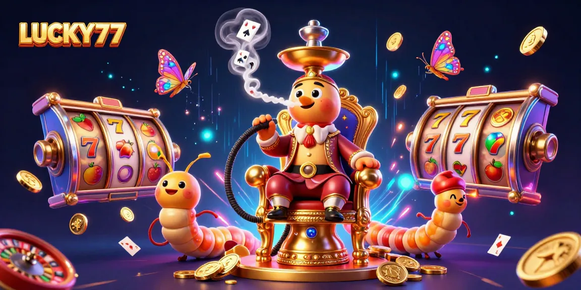 Experience LUCKY77 with this vibrant casino scene featuring animated characters and game symbols.