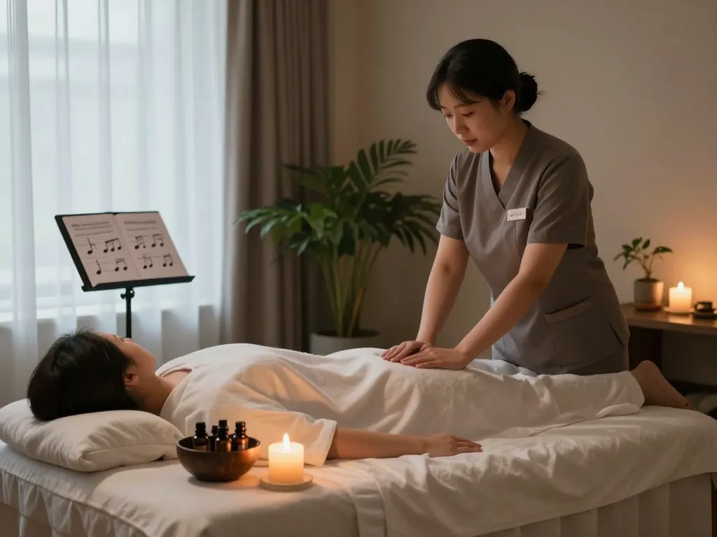 편안한 장식, 에센셜 오일, 따뜻한 조명이 갖춰진 고요한 스파에서의 편안한 역삼동마사지 세팅.