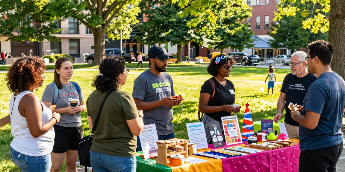 Community engagement at a local market showcasing products and local businesses from https://forumup.org/shop/search.php?ca_id=&addr1=&addr2=&addr3=&schKeyword during a sunny afternoon.