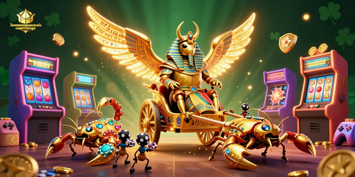 Experience thrilling gameplay with lamatracamexicangrilltogo in this vibrant casino illustration featuring golden scarabs, slot machines, and glowing treasures.