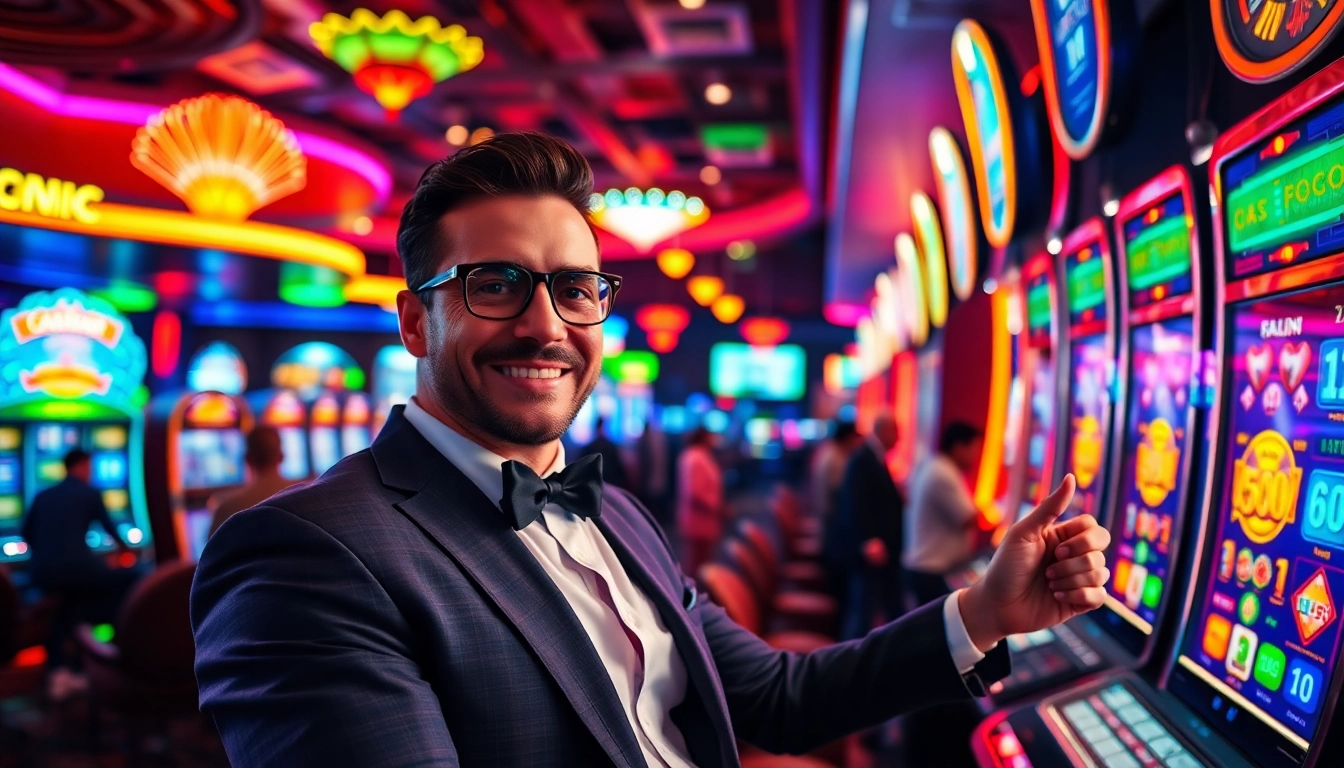 Celebrate a big win with Vegas hero at a lively casino scene full of colored lights.