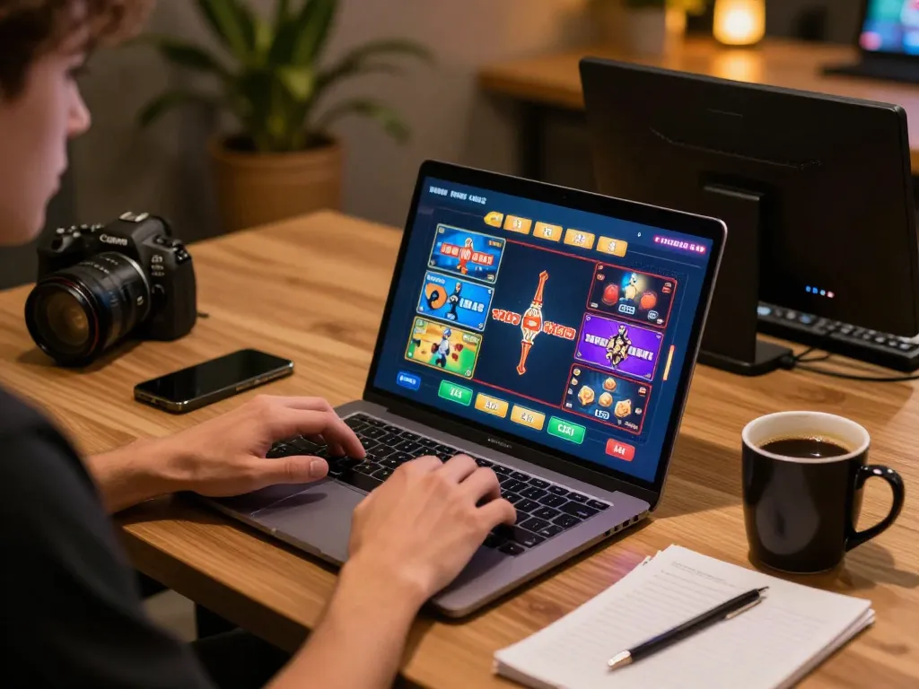 Player analyzing yowesjp betting strategies on laptop while enjoying a cozy home gaming environment.