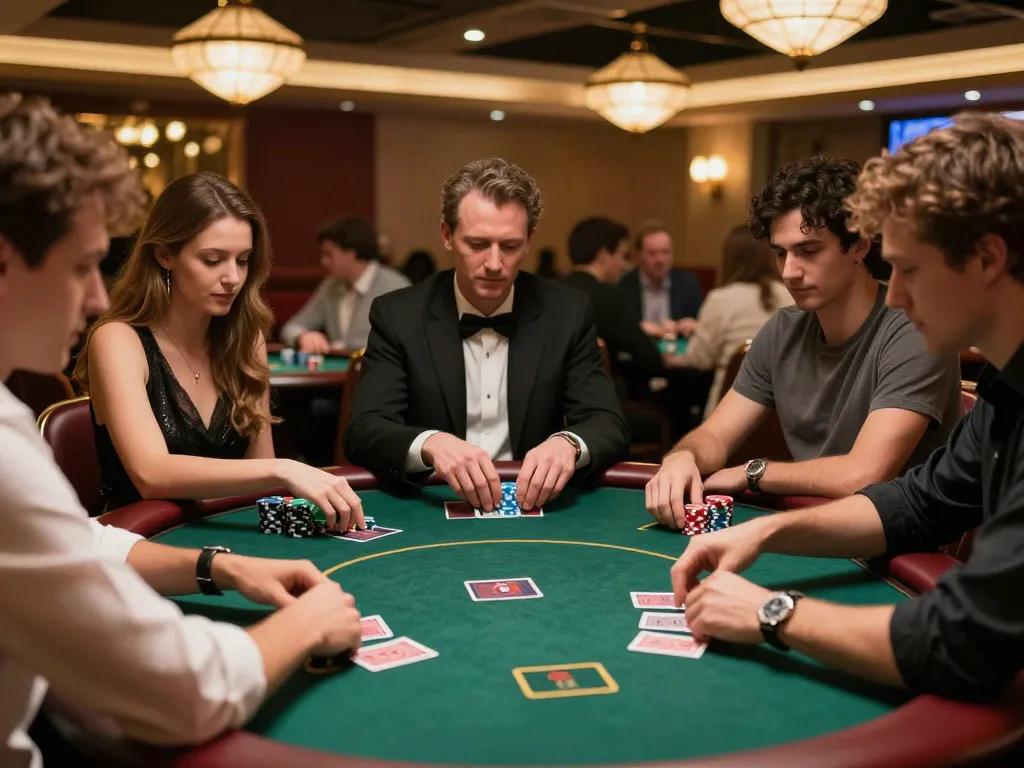 Players strategizing in a poker game at a casino table, showcasing sunwinapk gaming excitement.