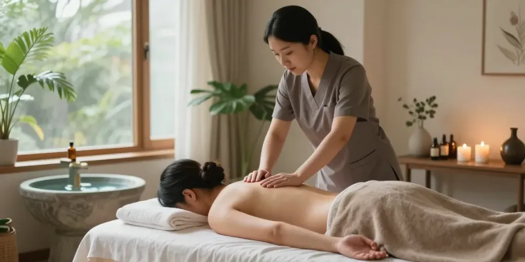 청라출장마사지 being professionally administered in a tranquil home spa ambiance.