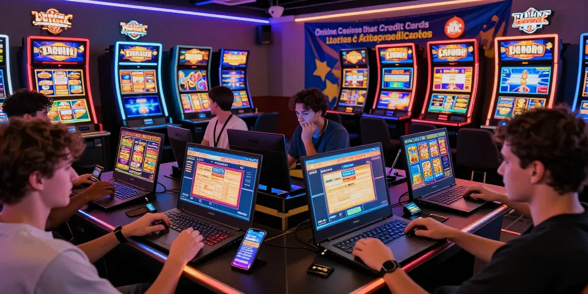 Players enjoying online casinos that accept credit cards, surrounded by vibrant gaming setups and excitement.