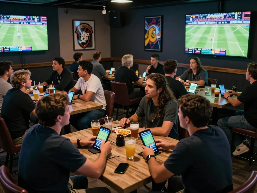 Patrons engaged in sports betting at a lively venue, utilizing https://nddo.org for the latest odds and strategies