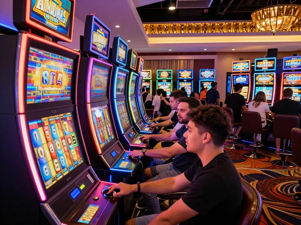 Playing slot gacor 777 in a lively casino with colorful machines and excited players.