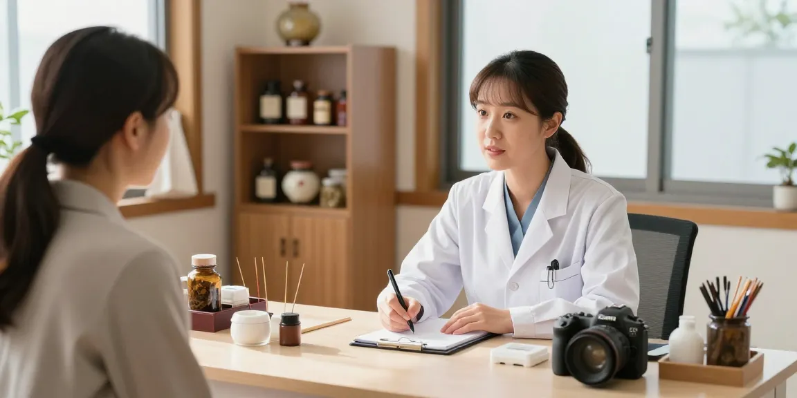 Medical consultation at 수원한의원 showcasing a doctor discussing treatment with a patient in a calm clinic environment.