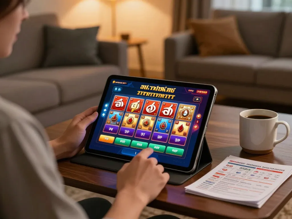 Player engaging with สล็อตวอเลท on a tablet in a cozy home setting, highlighting responsible gaming.