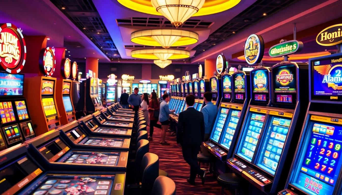 Erlebe spannende Casino online spiele in einer lebhaften Spielumgebung voller Spielautomaten.