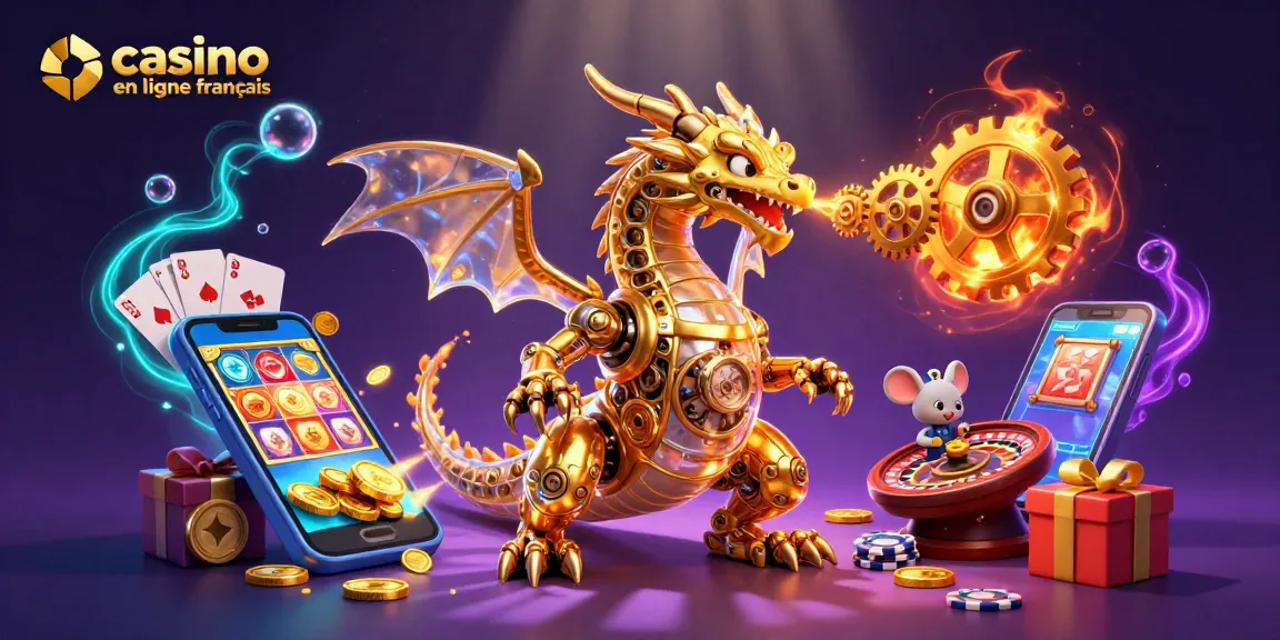 Jouez à des jeux captivants sur casino en ligne français avec un dragon biomécanique et des éléments de casino dynamiques.