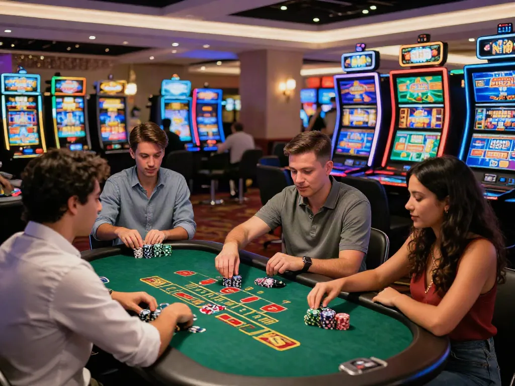 Exciting scene of players at a credit card casino engaging with a live dealer and dynamic slot machines.