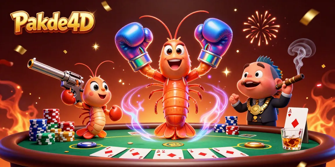 Pakde4D features a dynamic poker scene with cartoon mantis shrimp and vibrant gaming elements.