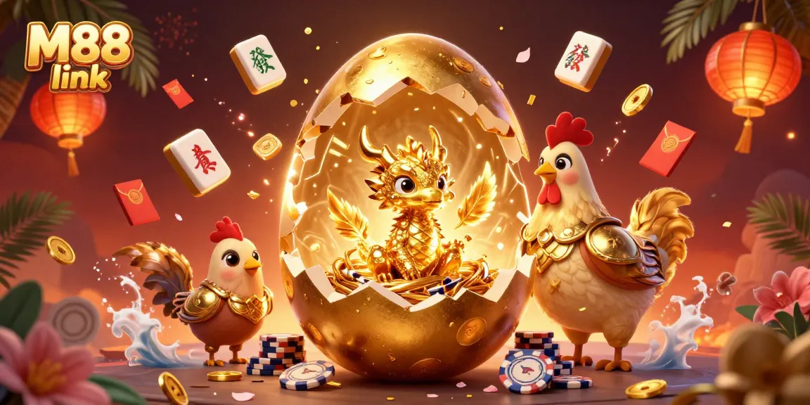 M88 link showcases a mythical scene with a golden dragon, poker chips, and festive elements enhancing your gaming experience.