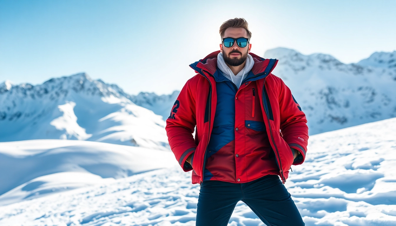 Vibrant winter jackets model on a snowy mountain slope, showcasing style and warmth.