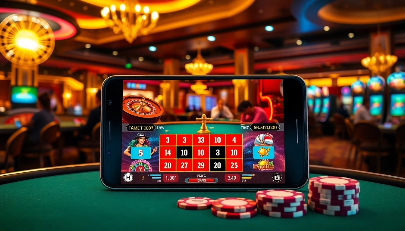 Enjoy a thrilling mobile porn game experience amidst glamorous casino lights and action.